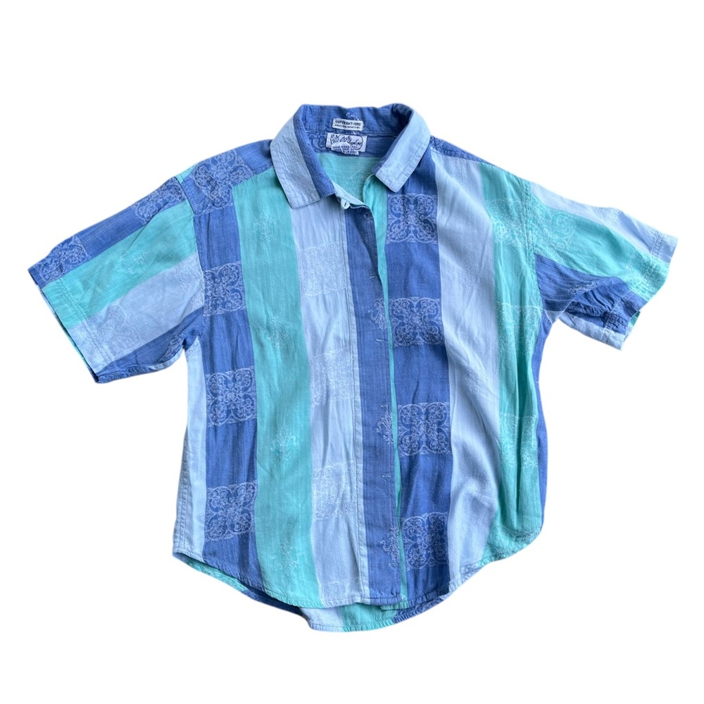 💚 Vintage Women's Blue & Green Striped Short Sleeve Button Down Shirt SZ S